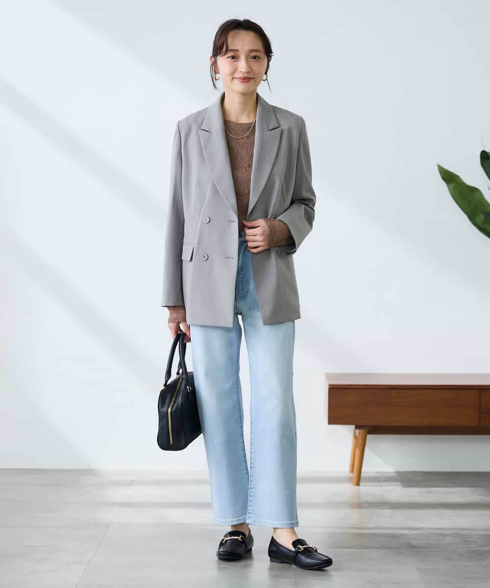 KADFE23109 a.v.v Elmi(アー・ヴェ・ヴェ) 【低身長サイズ】【洗える/UVカット】リネンライクストレッチダブルブレストジャケット ネイビー