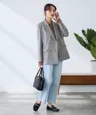 KADFE23109 a.v.v Elmi(アー・ヴェ・ヴェ) 【低身長サイズ】【洗える/UVカット】リネンライクストレッチダブルブレストジャケット ネイビー