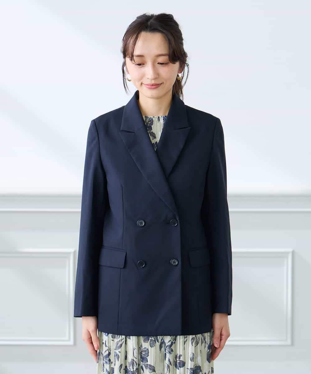 KADFE23109 a.v.v Elmi(アー・ヴェ・ヴェ) 【低身長サイズ】【洗える/UVカット】リネンライクストレッチダブルブレストジャケット ネイビー