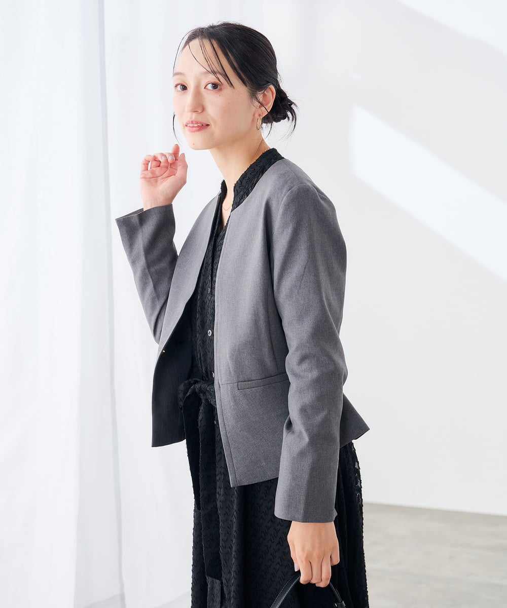 KADJE02129 a.v.v Elmi(アー・ヴェ・ヴェ) 【低身長サイズ/洗える】梳毛調 キーネックジャケット【セットアップ対応/抗ピリング/吸水速乾/ストレッチ】 ネイビー