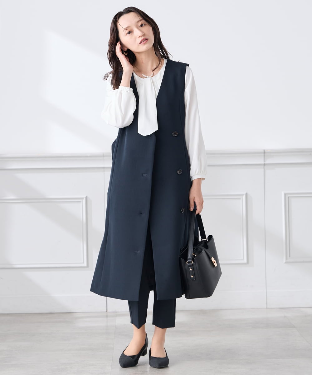 KAECD01099 a.v.v Elmi(アー・ヴェ・ヴェ) 【低身長サイズ】【洗える/ストレッチ/セットアップ対応】ダブルクロスロングジレワンピース ネイビー