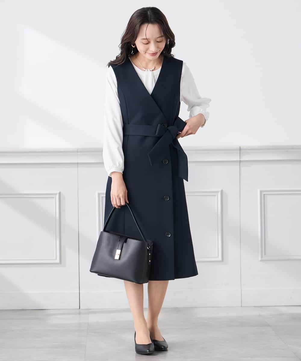 KAECD01099 a.v.v Elmi(アー・ヴェ・ヴェ) 【低身長サイズ】【洗える/ストレッチ/セットアップ対応】ダブルクロスロングジレワンピース ネイビー