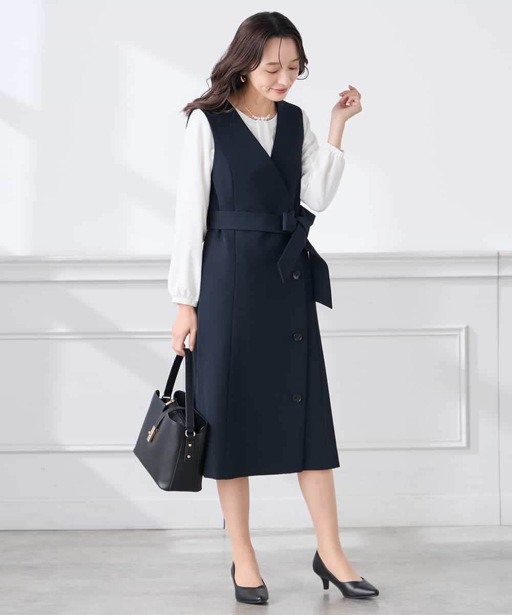 KAECD01099 a.v.v Elmi(アー・ヴェ・ヴェ) 【低身長サイズ】【洗える/ストレッチ/セットアップ対応】ダブルクロスロングジレワンピース ネイビー