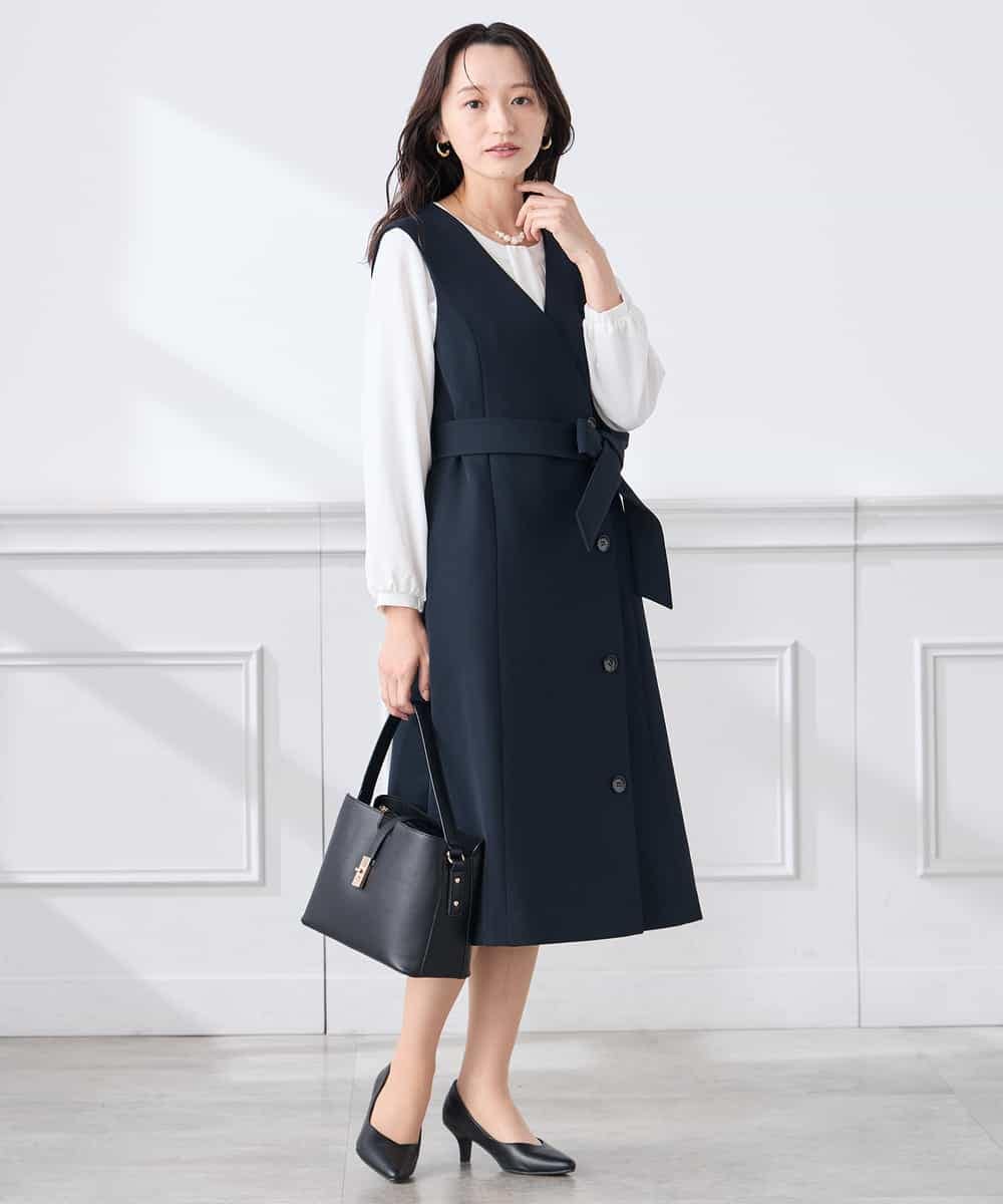 KAECD01099 a.v.v Elmi(アー・ヴェ・ヴェ) 【低身長サイズ】【洗える/ストレッチ/セットアップ対応】ダブルクロスロングジレワンピース ネイビー