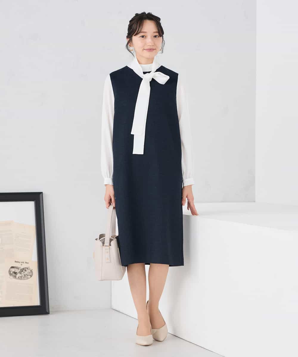 KAECD02119 a.v.v Elmi(アー・ヴェ・ヴェ) 【低身長サイズ】ツイードボウタイワンピース ネイビー