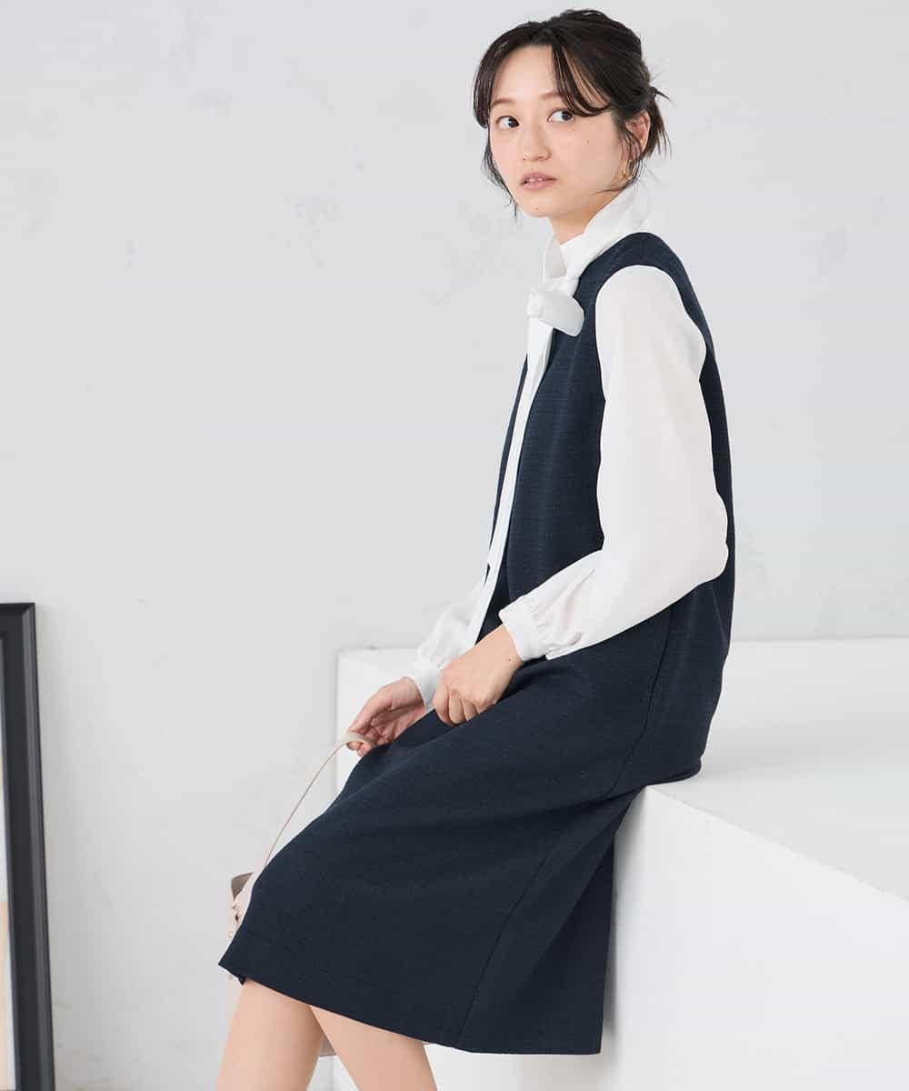 KAECD02119 a.v.v Elmi(アー・ヴェ・ヴェ) 【低身長サイズ】ツイードボウタイワンピース ネイビー