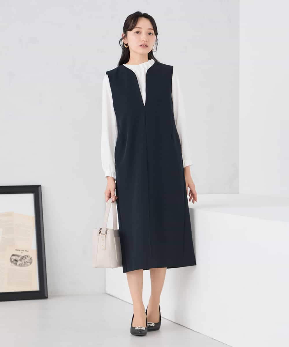 KAECD03089 a.v.v Elmi(アー・ヴェ・ヴェ) 【低身長サイズ】【洗える/ストレッチ】ダブルクロスジャンパードレス ネイビー