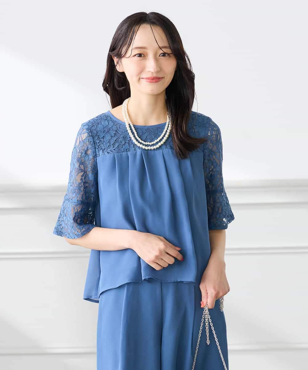 KAEGF13149 a.v.v Elmi(アー・ヴェ・ヴェ) 【低身長サイズ】【結婚式/お呼ばれに】レースドッキングブラウス・パンツセットアップ ブルー