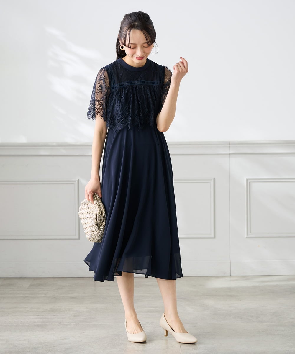 KAETF10159 a.v.v Elmi(アー・ヴェ・ヴェ) 【低身長サイズ/結婚式/お呼ばれに】レースドッキングワンピース ネイビー