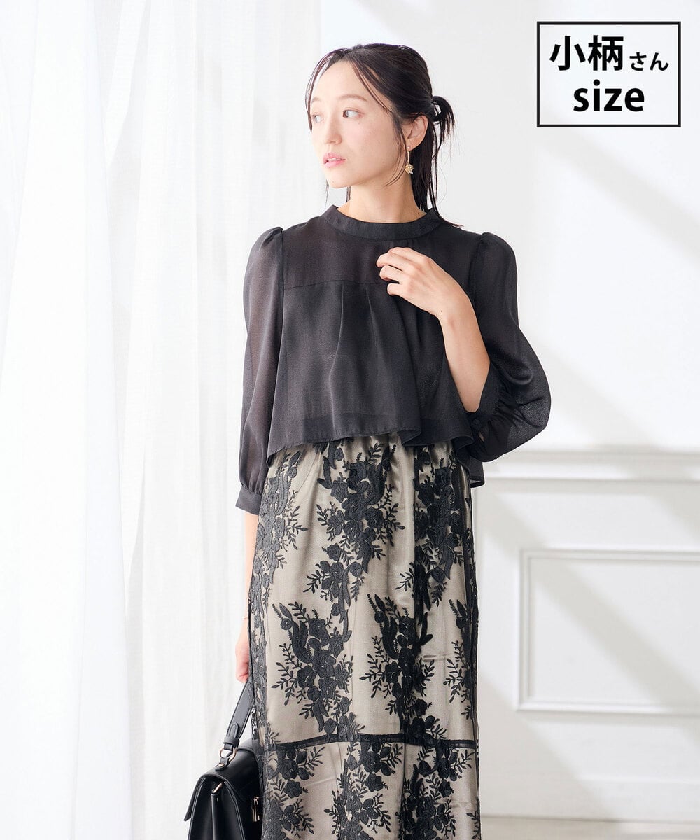 KAETF11169 a.v.v Elmi(アー・ヴェ・ヴェ) 【低身長サイズ/結婚式/お呼ばれに】チュール刺繍 スタンドカラーワンピース ブラック