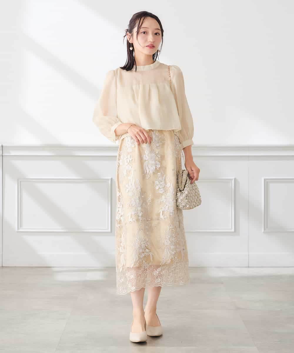 KAETF11169 a.v.v Elmi(アー・ヴェ・ヴェ) 【低身長サイズ/結婚式/お呼ばれに】チュール刺繍 スタンドカラーワンピース ベージュ