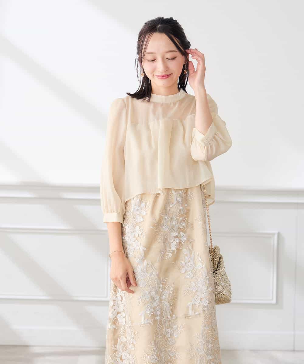 KAETF11169 a.v.v Elmi(アー・ヴェ・ヴェ) 【低身長サイズ/結婚式/お呼ばれに】チュール刺繍 スタンドカラーワンピース ベージュ