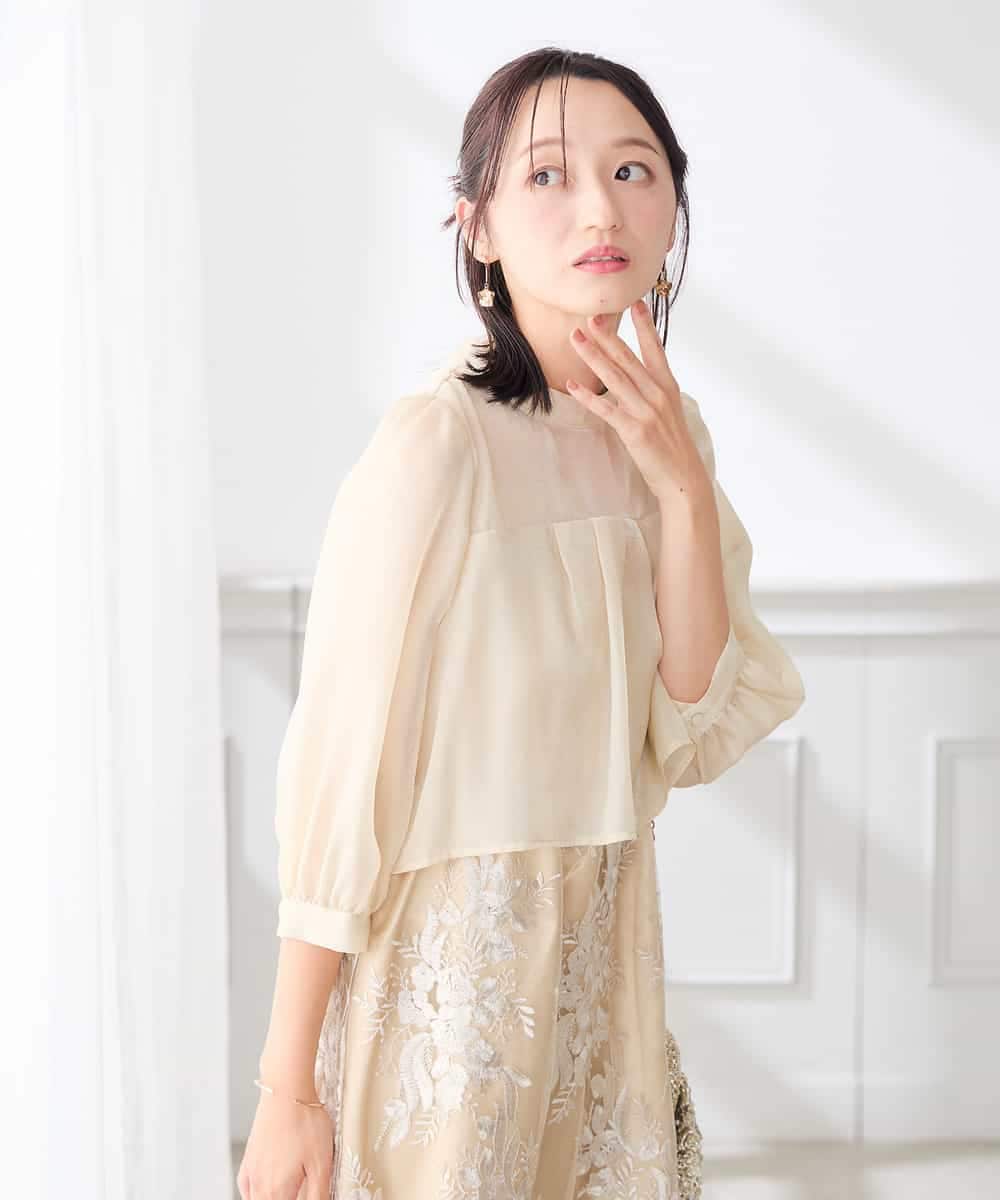 KAETF11169 a.v.v Elmi(アー・ヴェ・ヴェ) 【低身長サイズ/結婚式/お呼ばれに】チュール刺繍 スタンドカラーワンピース ベージュ