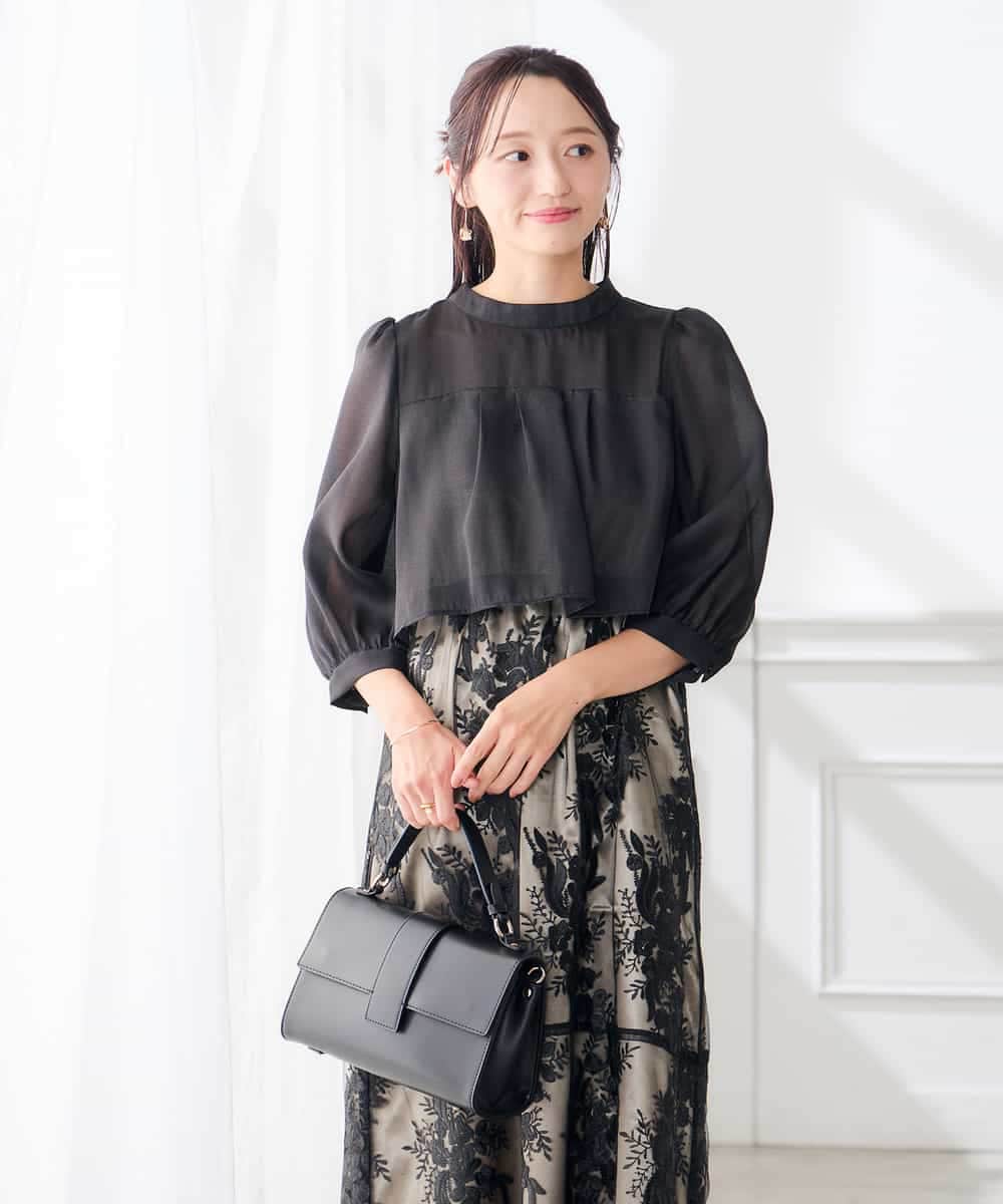 KAETF11169 a.v.v Elmi(アー・ヴェ・ヴェ) 【低身長サイズ/結婚式/お呼ばれに】チュール刺繍 スタンドカラーワンピース ベージュ
