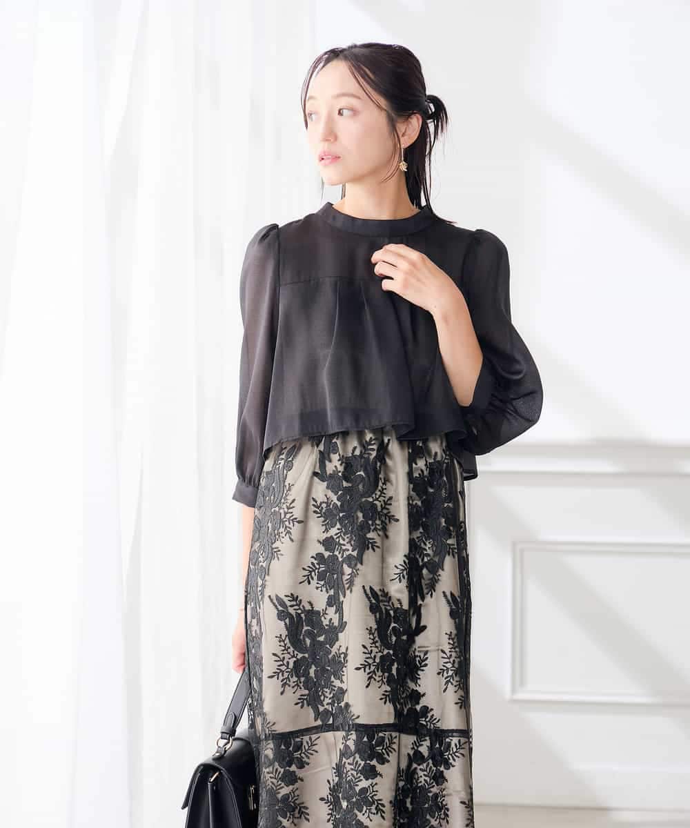 KAETF11169 a.v.v Elmi(アー・ヴェ・ヴェ) 【低身長サイズ/結婚式/お呼ばれに】チュール刺繍 スタンドカラーワンピース ベージュ