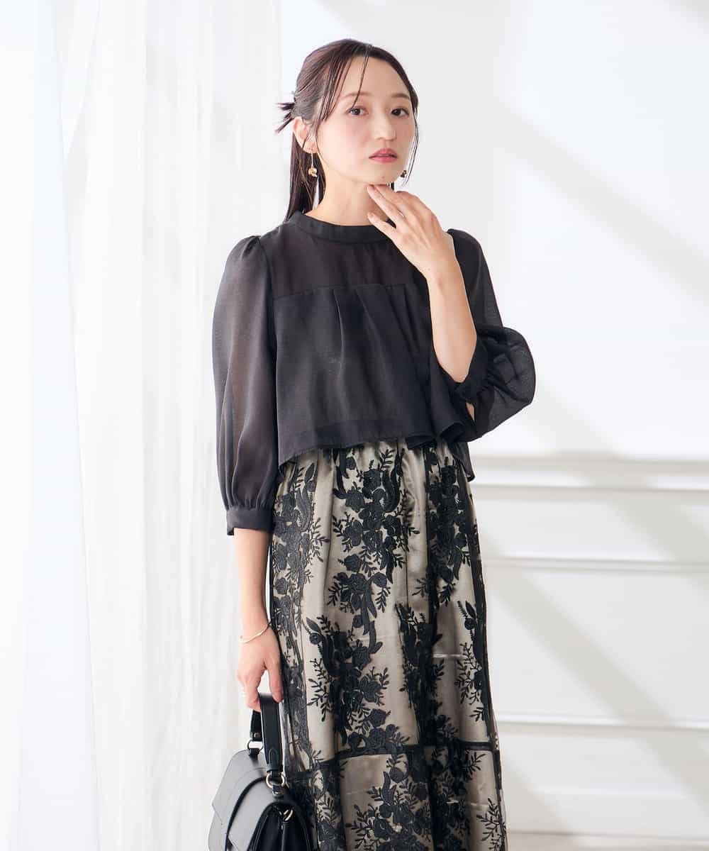 KAETF11169 a.v.v Elmi(アー・ヴェ・ヴェ) 【低身長サイズ/結婚式/お呼ばれに】チュール刺繍 スタンドカラーワンピース ベージュ