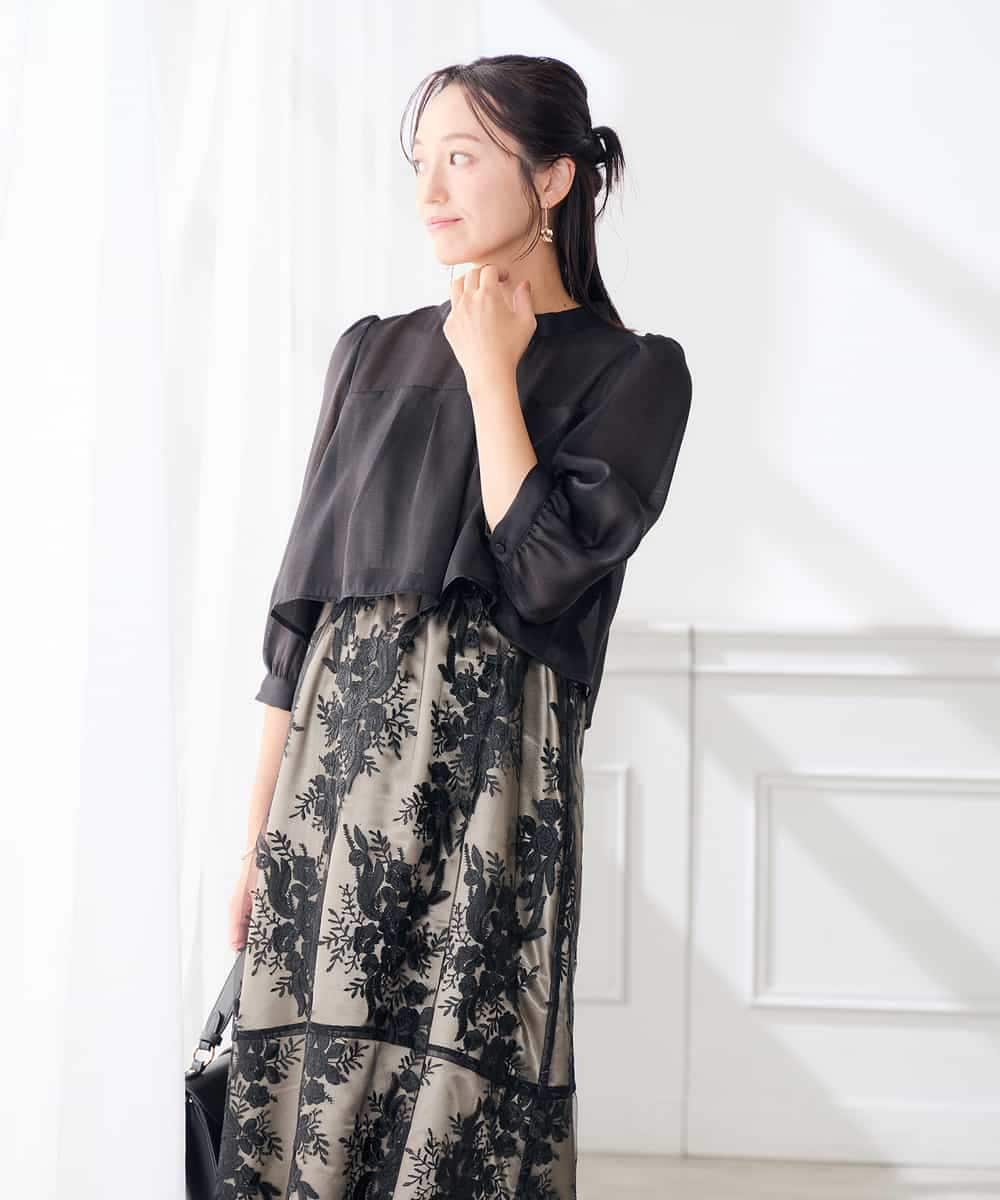 KAETF11169 a.v.v Elmi(アー・ヴェ・ヴェ) 【低身長サイズ/結婚式/お呼ばれに】チュール刺繍 スタンドカラーワンピース ベージュ