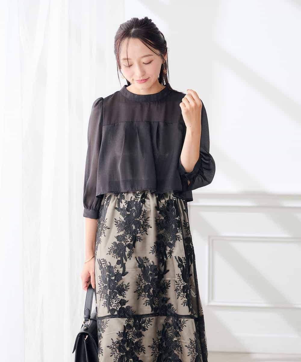 KAETF11169 a.v.v Elmi(アー・ヴェ・ヴェ) 【低身長サイズ/結婚式/お呼ばれに】チュール刺繍 スタンドカラーワンピース ベージュ