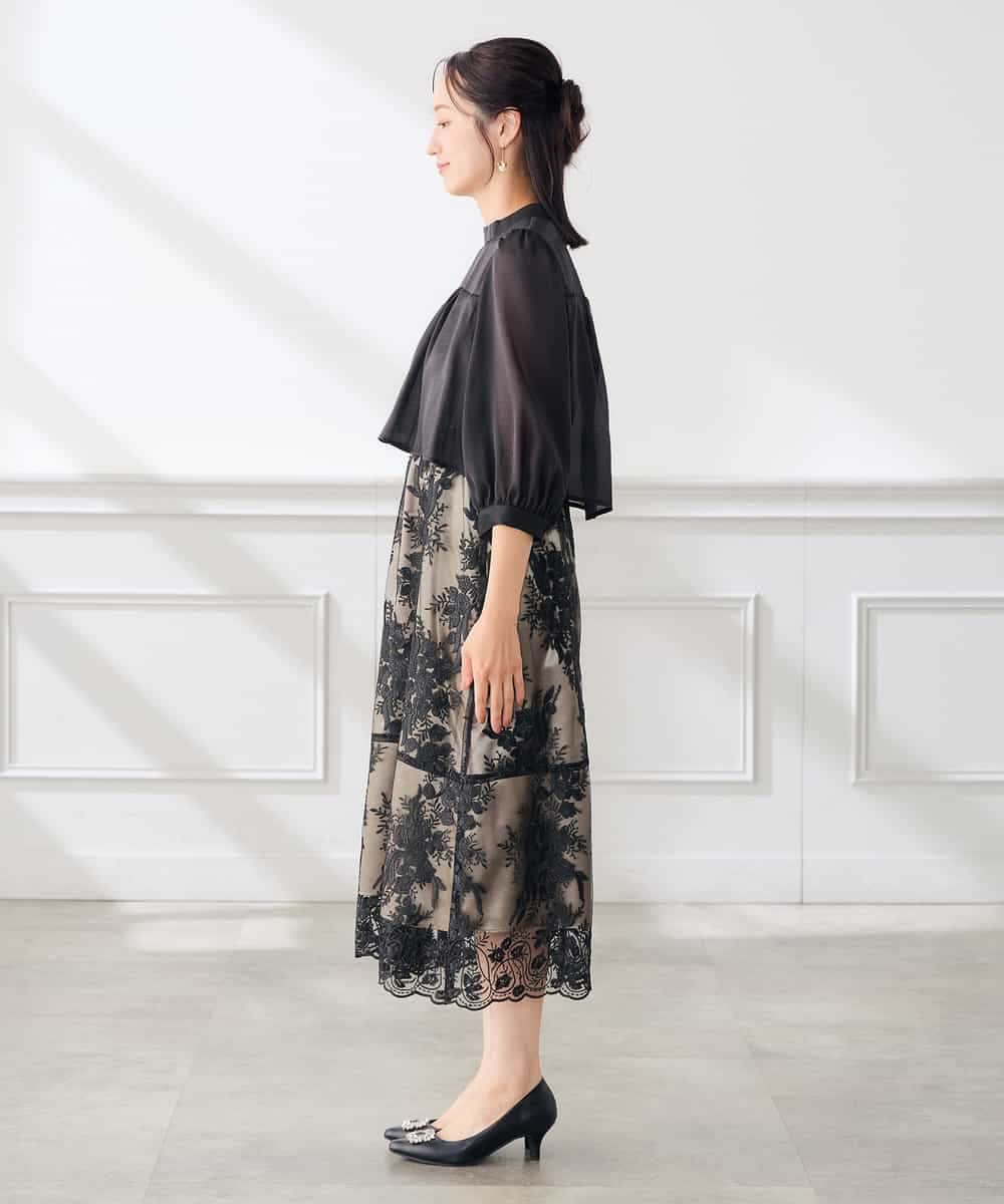 KAETF11169 a.v.v Elmi(アー・ヴェ・ヴェ) 【低身長サイズ/結婚式/お呼ばれに】チュール刺繍 スタンドカラーワンピース ベージュ