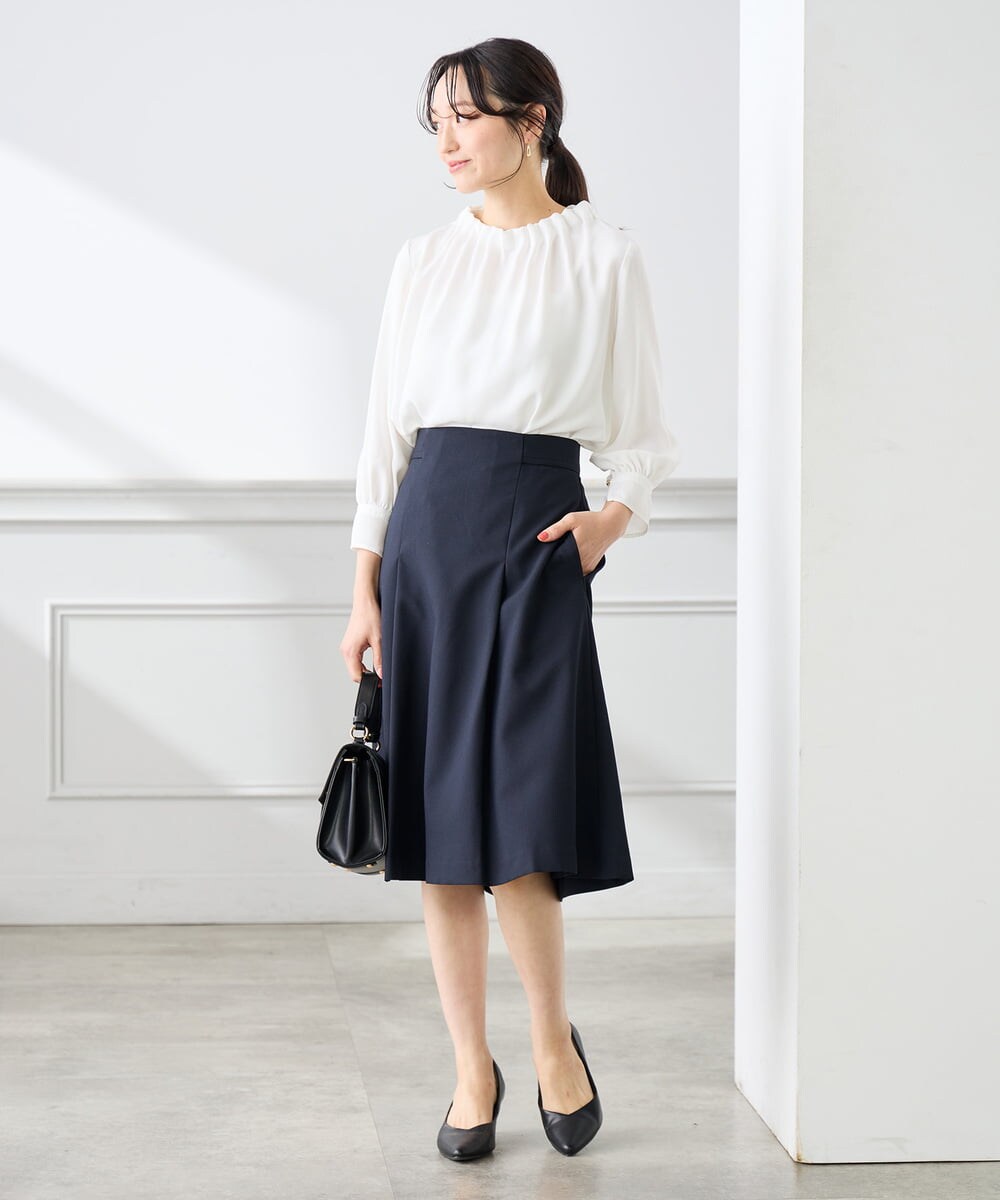 KAHFE20079 a.v.v Elmi(アー・ヴェ・ヴェ) 【低身長サイズ】【洗える/UVカット】リネンライクストレッチフレアスカート ネイビー