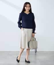 KAHFE20079 a.v.v Elmi(アー・ヴェ・ヴェ) 【低身長サイズ】【洗える/UVカット】リネンライクストレッチフレアスカート ネイビー