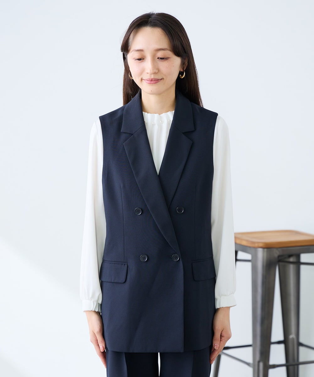 KAJFE20099 a.v.v Elmi(アー・ヴェ・ヴェ) 【低身長サイズ】【洗える/UVカット】リネンライクストレッチダブルジレジャケット ネイビー