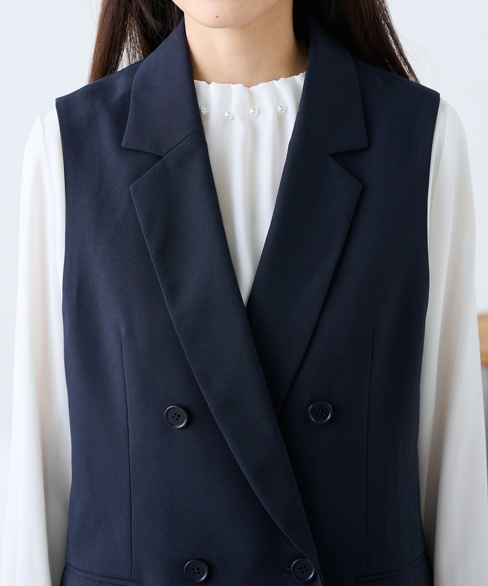KAJFE20099 a.v.v Elmi(アー・ヴェ・ヴェ) 【低身長サイズ】【洗える/UVカット】リネンライクストレッチダブルジレジャケット ネイビー