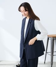 KAJFE20099 a.v.v Elmi(アー・ヴェ・ヴェ) 【低身長サイズ】【洗える/UVカット】リネンライクストレッチダブルジレジャケット ネイビー