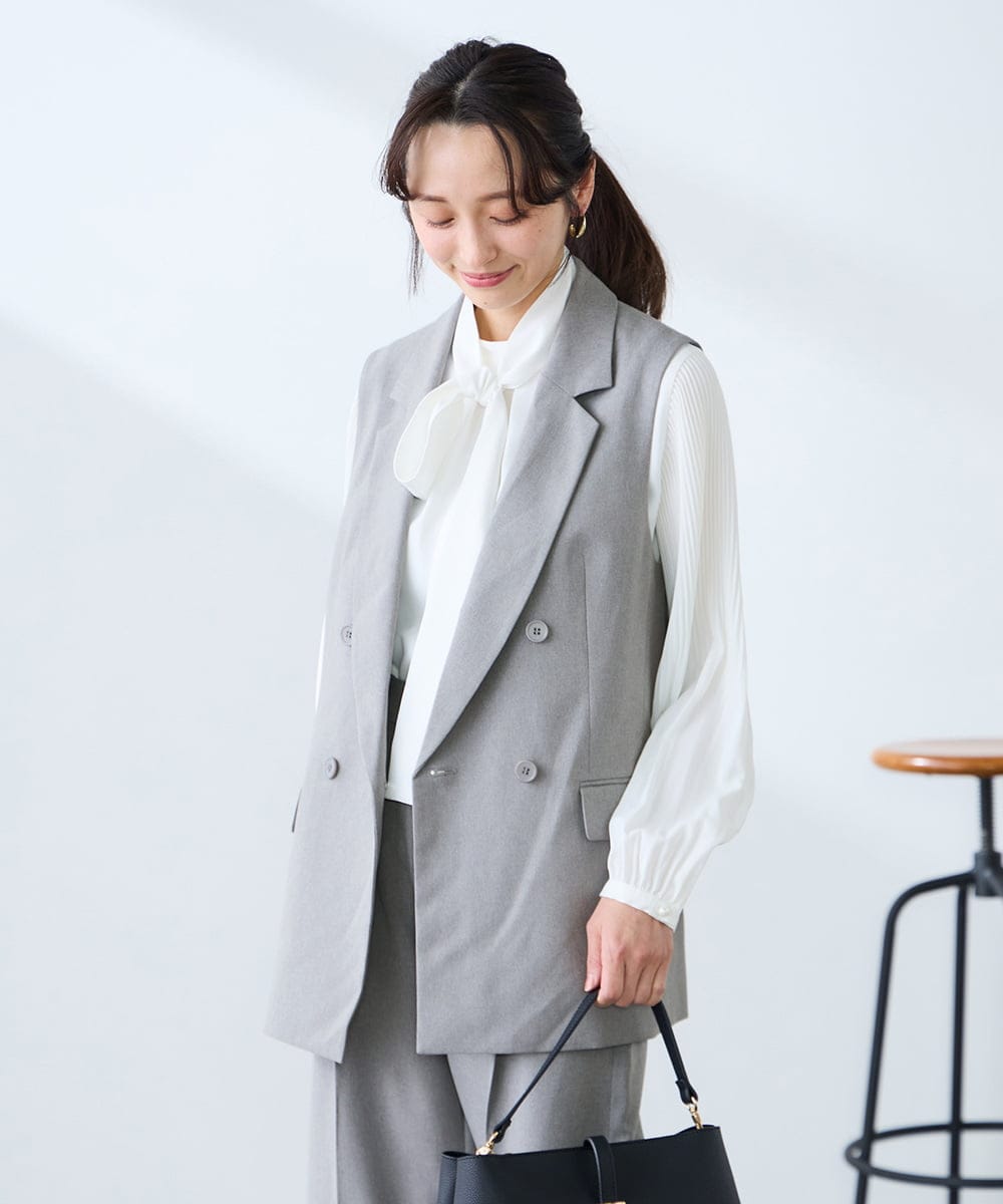 KAJFE20099 a.v.v Elmi(アー・ヴェ・ヴェ) 【低身長サイズ】【洗える/UVカット】リネンライクストレッチダブルジレジャケット ネイビー