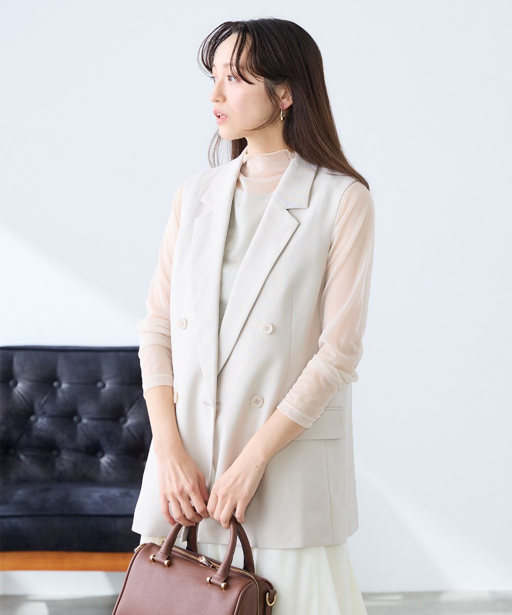 KAJFE20099 a.v.v Elmi(アー・ヴェ・ヴェ) 【低身長サイズ】【洗える/UVカット】リネンライクストレッチダブルジレジャケット ネイビー