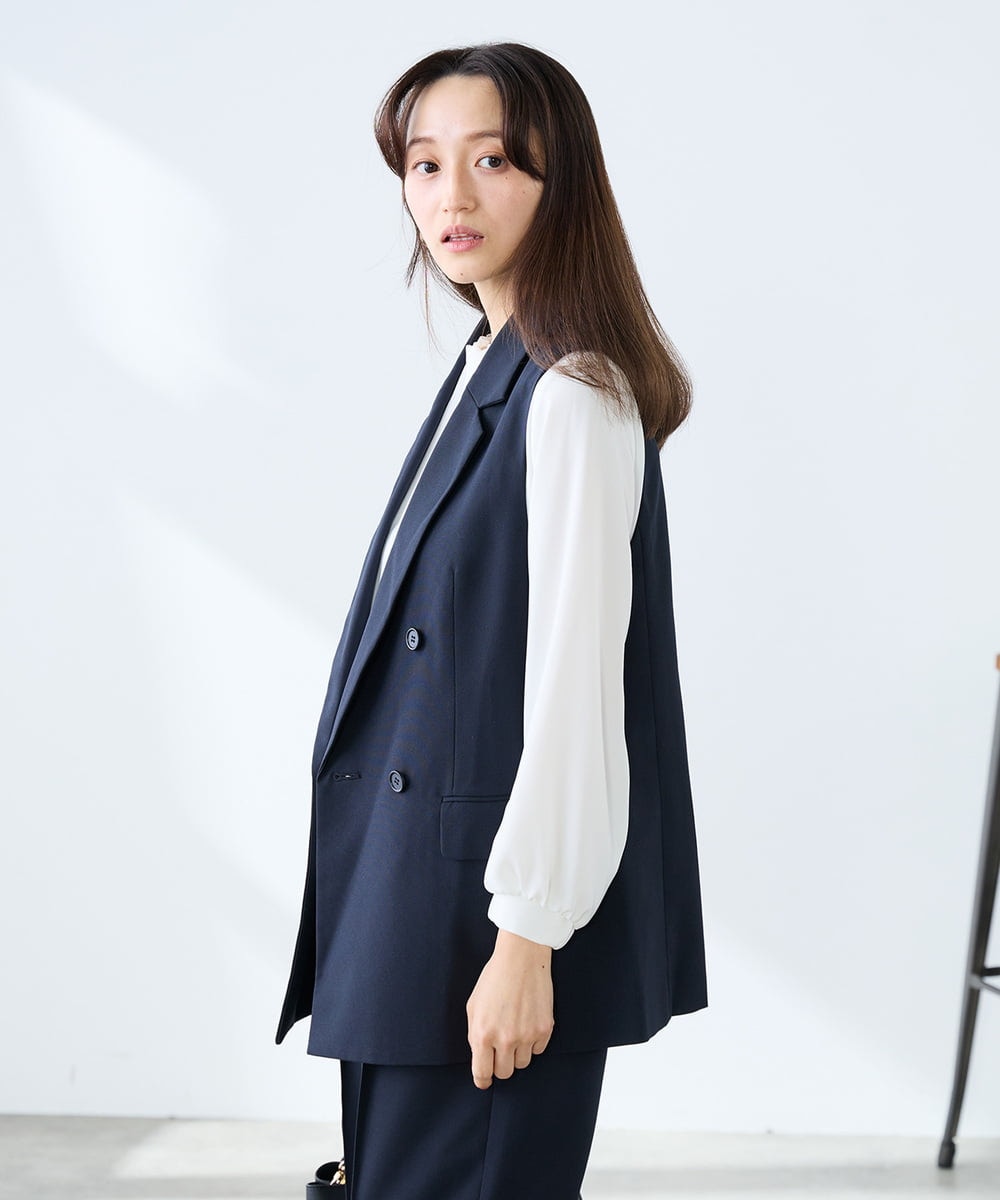 KAJFE20099 a.v.v Elmi(アー・ヴェ・ヴェ) 【低身長サイズ】【洗える/UVカット】リネンライクストレッチダブルジレジャケット ネイビー