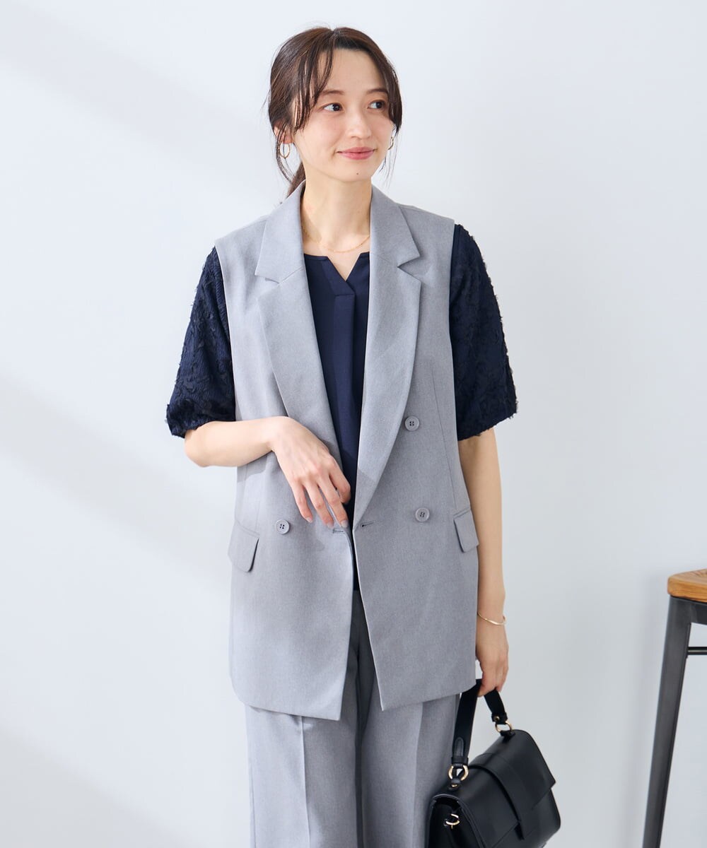 KAJFE20099 a.v.v Elmi(アー・ヴェ・ヴェ) 【低身長サイズ】【洗える/UVカット】リネンライクストレッチダブルジレジャケット ネイビー