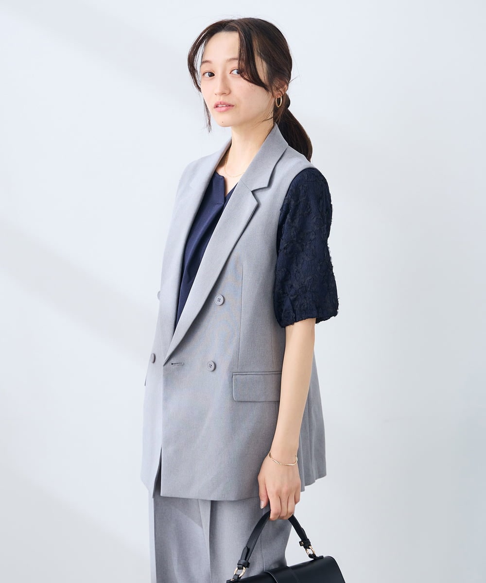 KAJFE20099 a.v.v Elmi(アー・ヴェ・ヴェ) 【低身長サイズ】【洗える/UVカット】リネンライクストレッチダブルジレジャケット ネイビー