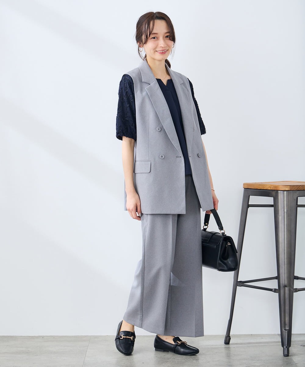 KAJFE20099 a.v.v Elmi(アー・ヴェ・ヴェ) 【低身長サイズ】【洗える/UVカット】リネンライクストレッチダブルジレジャケット ネイビー