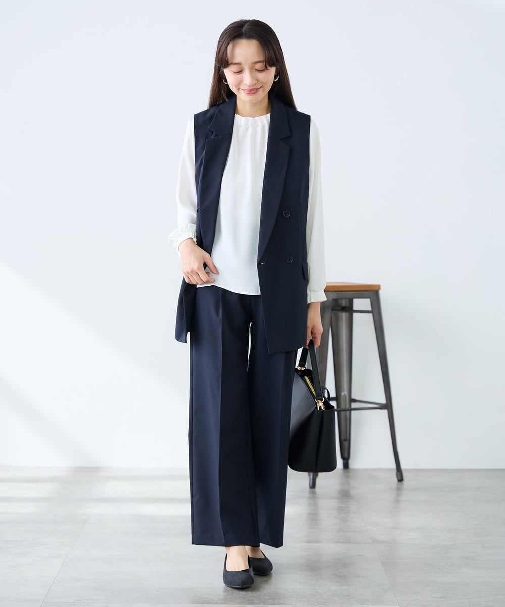 KAJFE20099 a.v.v Elmi(アー・ヴェ・ヴェ) 【低身長サイズ】【洗える/UVカット】リネンライクストレッチダブルジレジャケット ネイビー