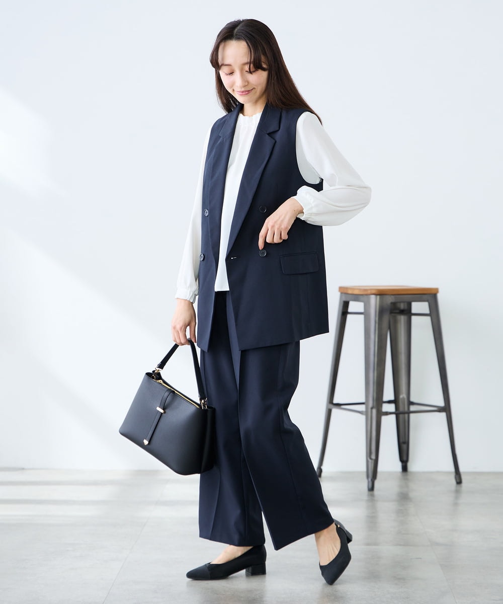 KAJFE20099 a.v.v Elmi(アー・ヴェ・ヴェ) 【低身長サイズ】【洗える/UVカット】リネンライクストレッチダブルジレジャケット ネイビー