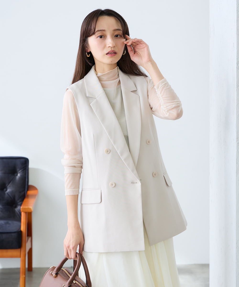 KAJFE20099 a.v.v Elmi(アー・ヴェ・ヴェ) 【低身長サイズ】【洗える/UVカット】リネンライクストレッチダブルジレジャケット ネイビー