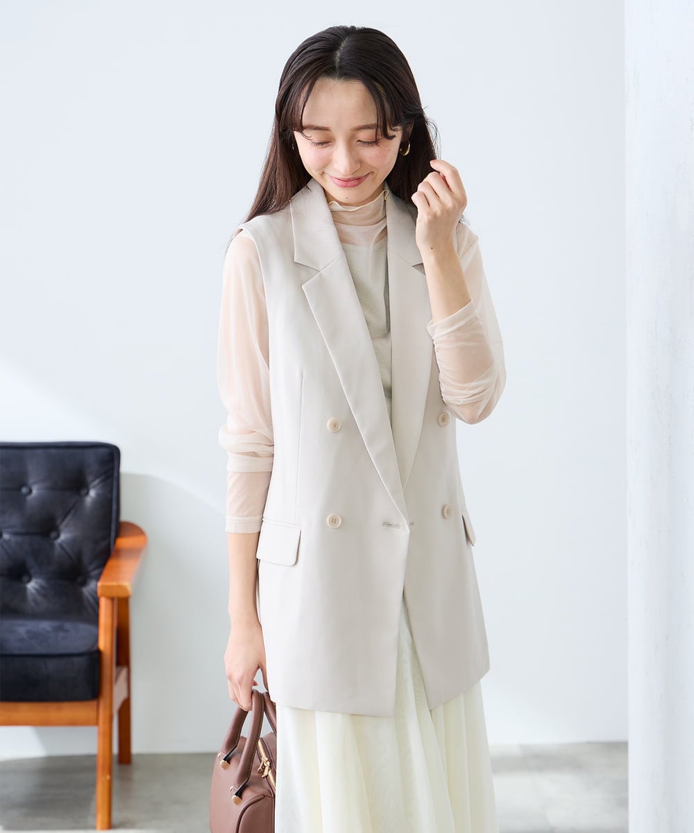 KAJFE20099 a.v.v Elmi(アー・ヴェ・ヴェ) 【低身長サイズ】【洗える/UVカット】リネンライクストレッチダブルジレジャケット ネイビー