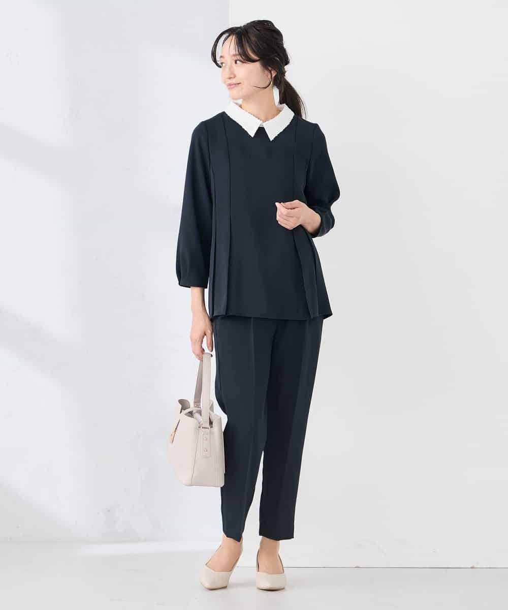 KALCD04069 a.v.v Elmi(アー・ヴェ・ヴェ) 【低身長サイズ】サテンテーパードパンツ【洗える/速乾/毛玉になりにくい/イージーケア】 ネイビー