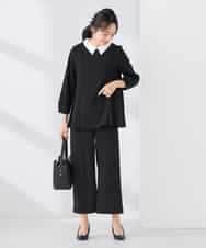 KALCD05069 a.v.v Elmi(アー・ヴェ・ヴェ) 【低身長サイズ】サテンワイドクロップドパンツ【洗える/速乾/毛玉になりにくい/イージーケア】 ネイビー