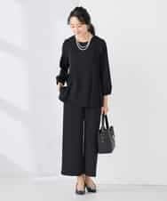 KALCD05069 a.v.v Elmi(アー・ヴェ・ヴェ) 【低身長サイズ】サテンワイドクロップドパンツ【洗える/速乾/毛玉になりにくい/イージーケア】 ネイビー