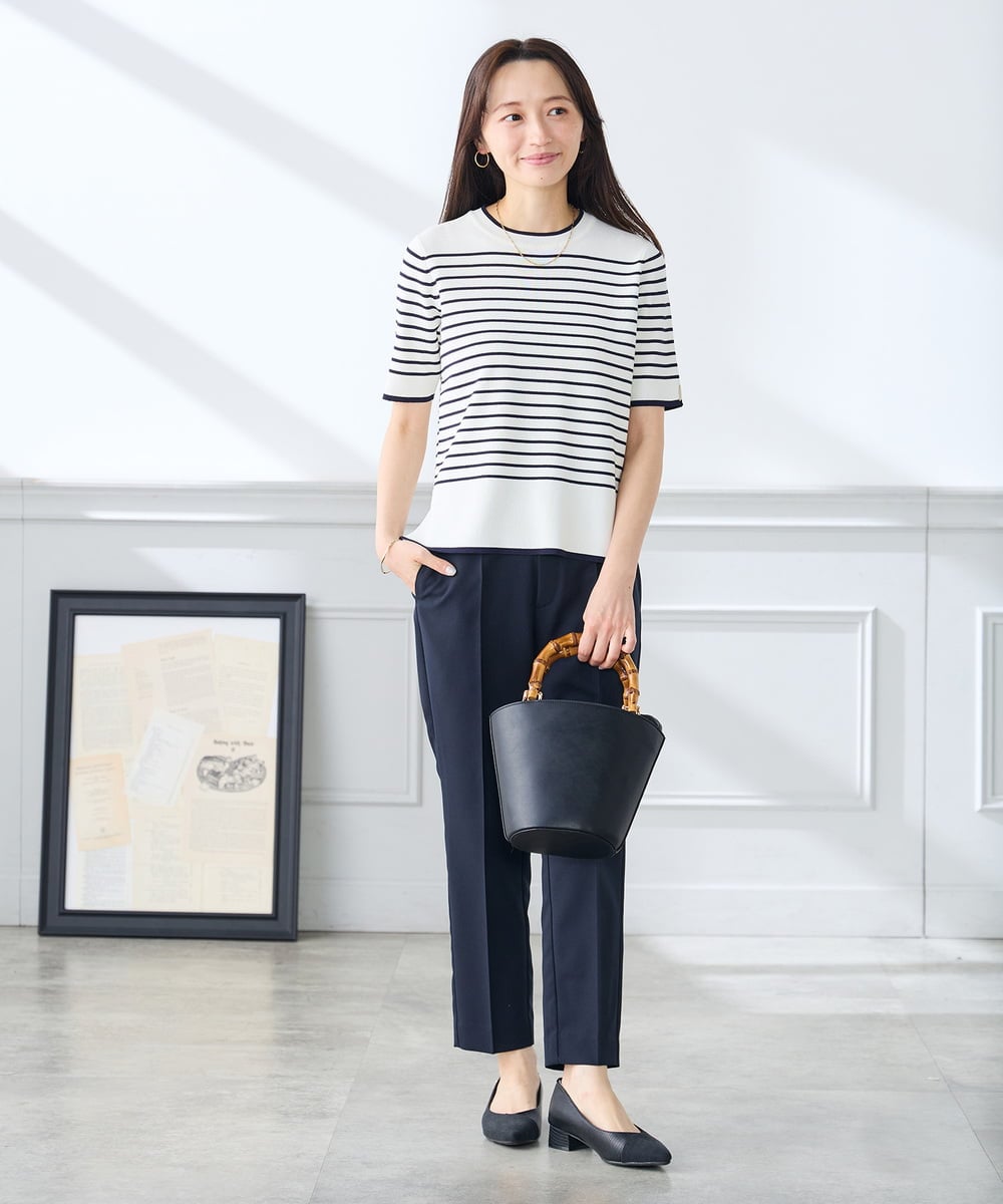 KALFE20079 a.v.v Elmi(アー・ヴェ・ヴェ) 【低身長サイズ】【洗える/UVカット】リネンライクストレッチテーパードパンツ ネイビー