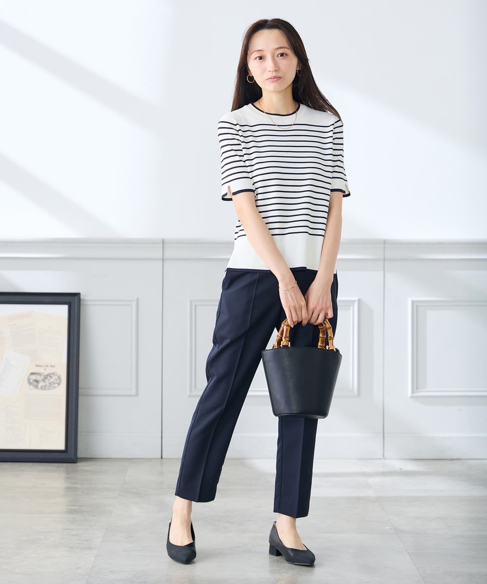 KALFE20079 a.v.v Elmi(アー・ヴェ・ヴェ) 【低身長サイズ】【洗える/UVカット】リネンライクストレッチテーパードパンツ ネイビー