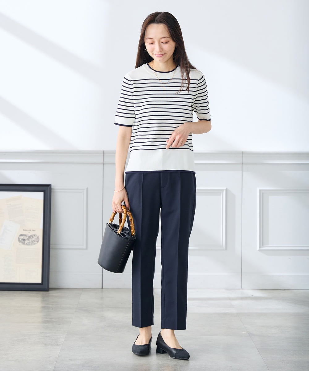 KALFE20079 a.v.v Elmi(アー・ヴェ・ヴェ) 【低身長サイズ】【洗える/UVカット】リネンライクストレッチテーパードパンツ ネイビー