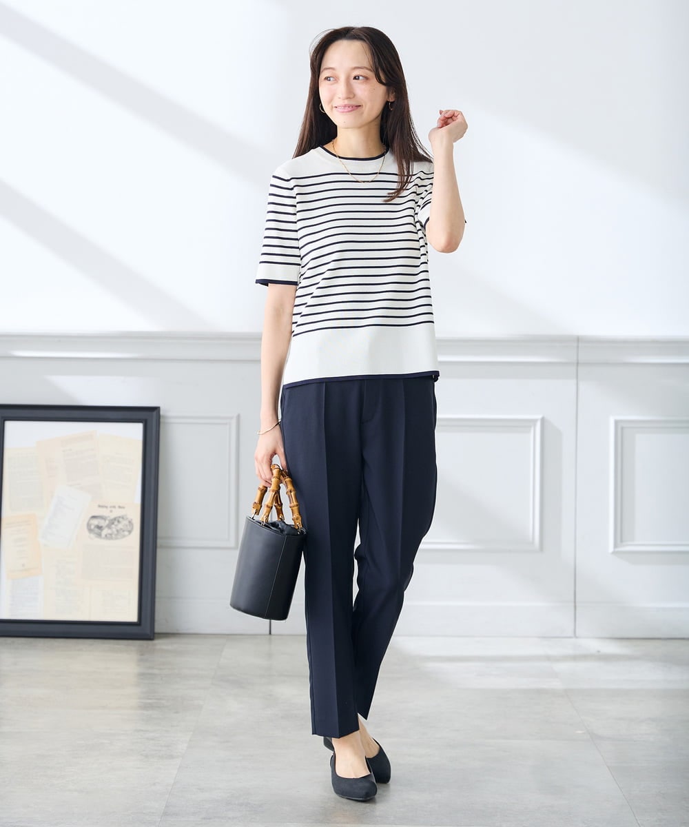 KALFE20079 a.v.v Elmi(アー・ヴェ・ヴェ) 【低身長サイズ】【洗える/UVカット】リネンライクストレッチテーパードパンツ ネイビー