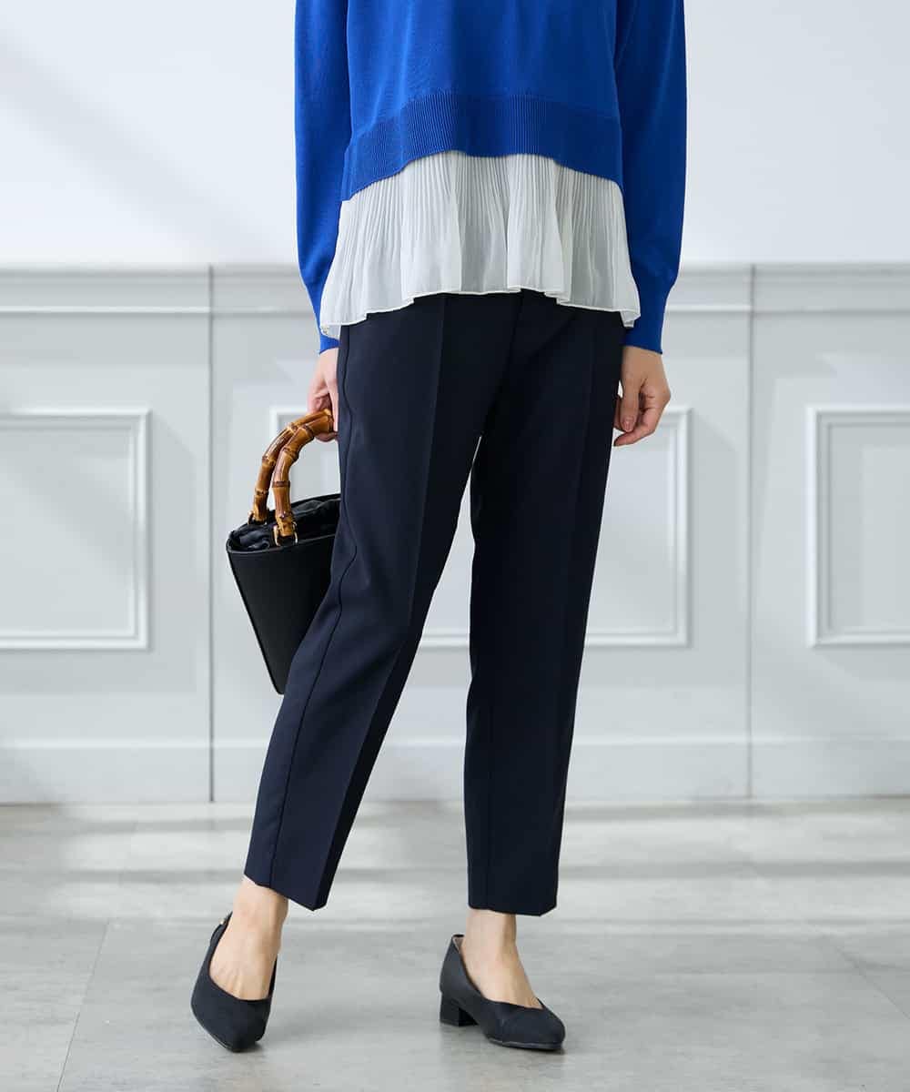 KALFE20079 a.v.v Elmi(アー・ヴェ・ヴェ) 【低身長サイズ】【洗える/UVカット】リネンライクストレッチテーパードパンツ ネイビー