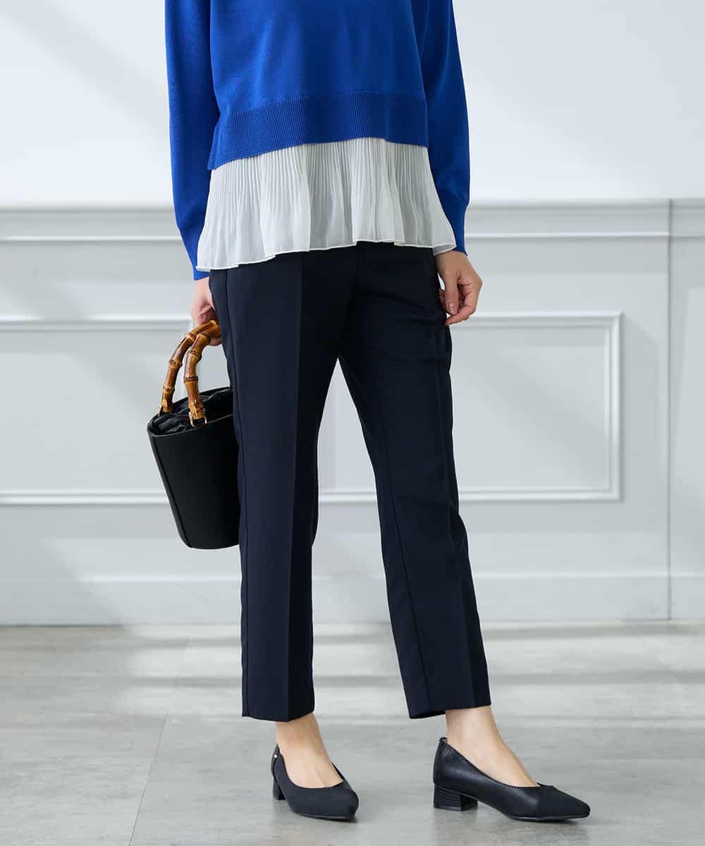 KALFE20079 a.v.v Elmi(アー・ヴェ・ヴェ) 【低身長サイズ】【洗える/UVカット】リネンライクストレッチテーパードパンツ ネイビー