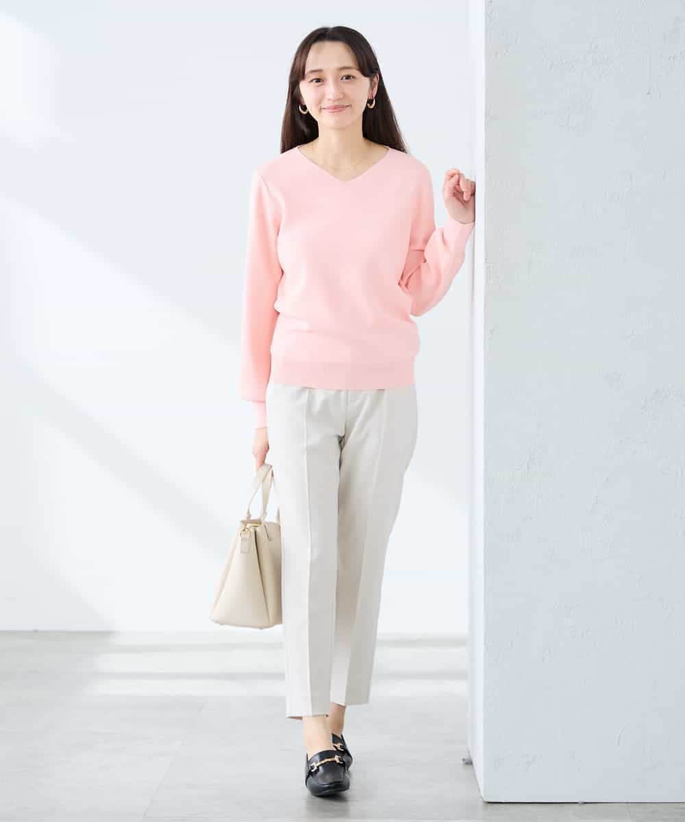 KALFE20079 a.v.v Elmi(アー・ヴェ・ヴェ) 【低身長サイズ】【洗える/UVカット】リネンライクストレッチテーパードパンツ ネイビー