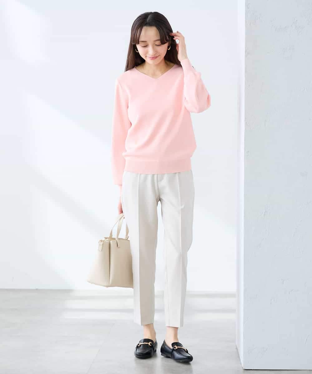 KALFE20079 a.v.v Elmi(アー・ヴェ・ヴェ) 【低身長サイズ】【洗える/UVカット】リネンライクストレッチテーパードパンツ ネイビー