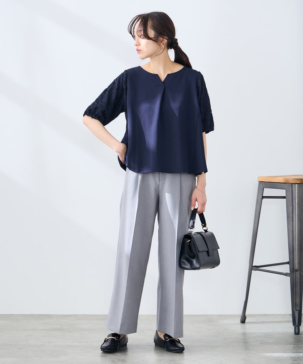 KALFE22079 a.v.v Elmi(アー・ヴェ・ヴェ) 【低身長サイズ】【洗える/UVカット】リネンライクストレッチワイドパンツ ネイビー